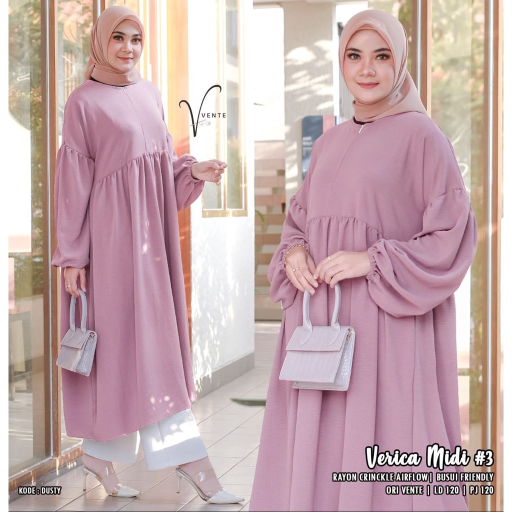 Vente Daily Verica Midi Dress Muslim Wanita Terbaru Ld 128 cm Rayon Crinckle Airflow Premium