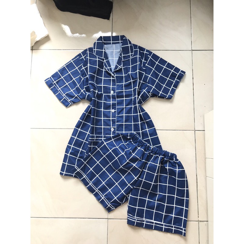 piyama/pajamas kotak&quot; HP katun navy murah.homewear/sleepwear/bajutidur cwe PP tartan biru kekinian