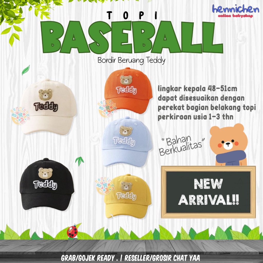 Topi Baseball 1-3 tahun Batita anak bayi motif bordir Beruang Teddy Fashion Topi Anak