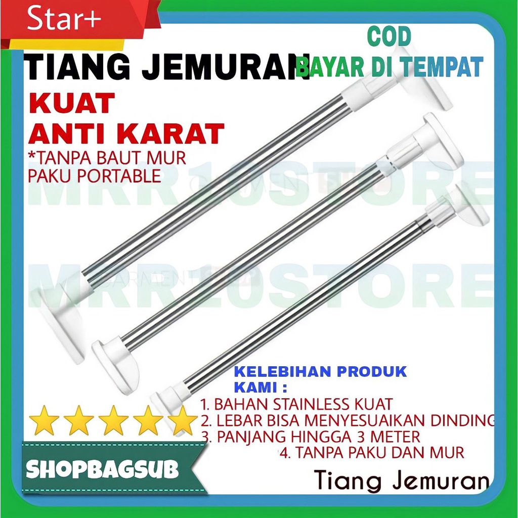 Jual Tiang Gorden Fleksibel Jemuran Baju Gantungan Rak Dinding Tanpa Bor Paku Stainless Steel