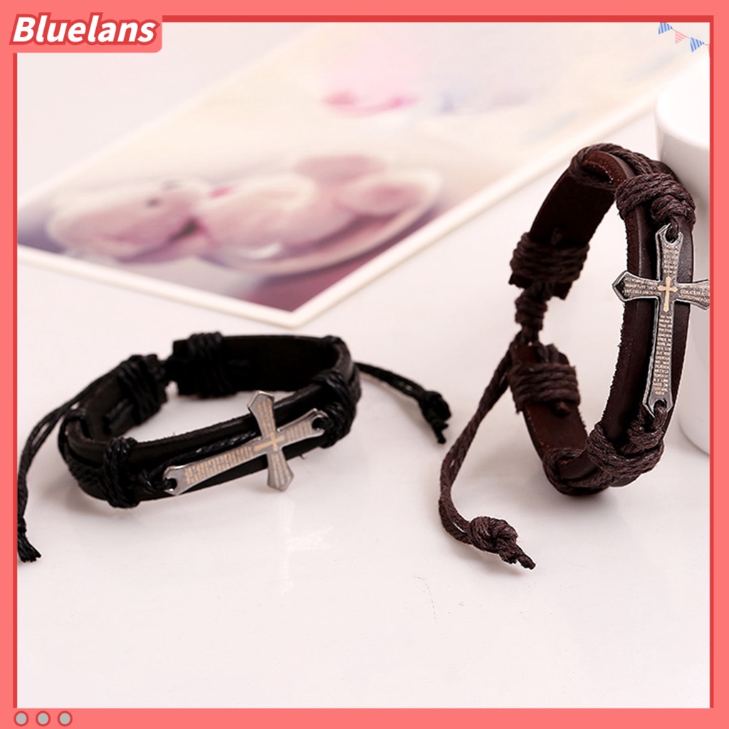 Bluelans Retro Punk Faux Leather Rope Alloy Cross Bible Scriptures Men Adjustable Bracelet