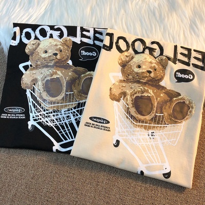 [littlecrab] Kaos Oversize Teddy Bear Trolley Kaos Couple T-Shirt Hitam Cream Kaos Feel Good Korean Style