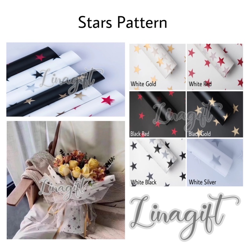 ( 5 Lembar ) STARS PATTERN - FLOWER WRAPPING PAPER KOREAN CELLOPHANE - KERTAS BUKET BUNGA BINTANG MOTIF FLORIST