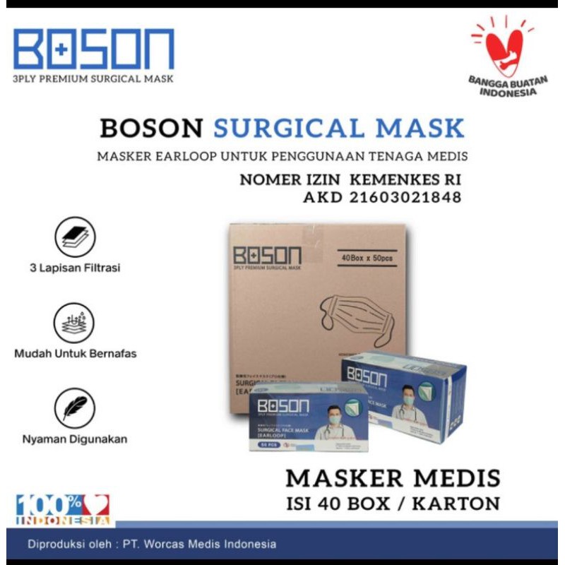 BOSON Surcigal Mask Earloop 3Ply 1 Karton Masker Medis Isi 50 Lembar