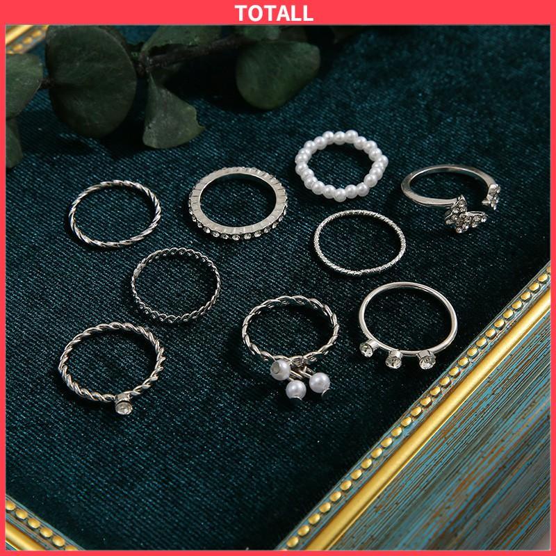 COD 9 PCS Wanita Tipis Berongga Mutiara Kristal Kupu-kupu Berlian Premium Knuckle Ring Set-Totall