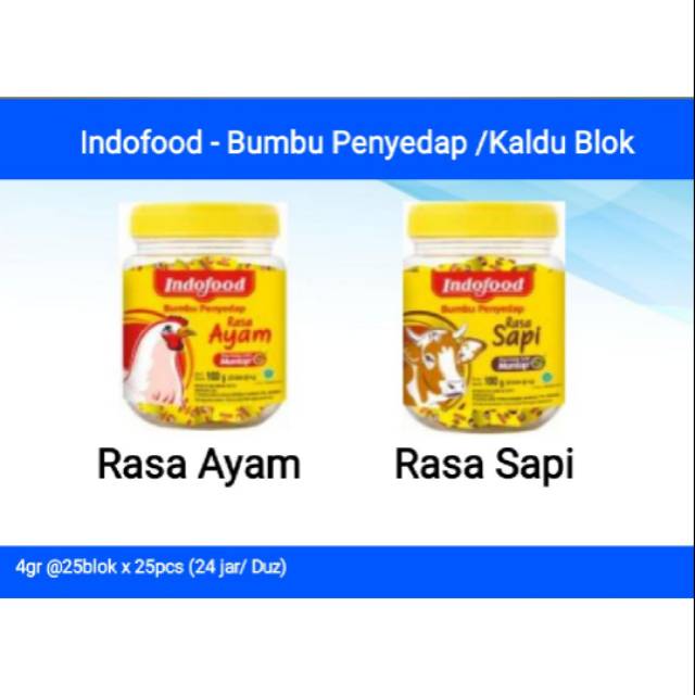 

Kaldu Blok merk indofood rasa ayam / sapi (@4gr/25blok)