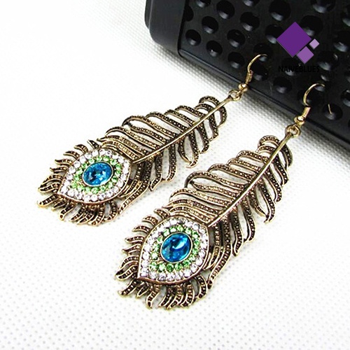 Anting Kait Desain Bulu Merak Aksen Berlian Imitasi Gaya Vintage Untuk Wanita