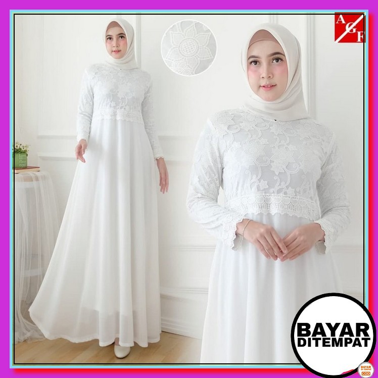 Baju Muslimah Terbaru Gamis Casual Kekinian Jumbo Brukat Games Putih Lebaran 2021 Casual