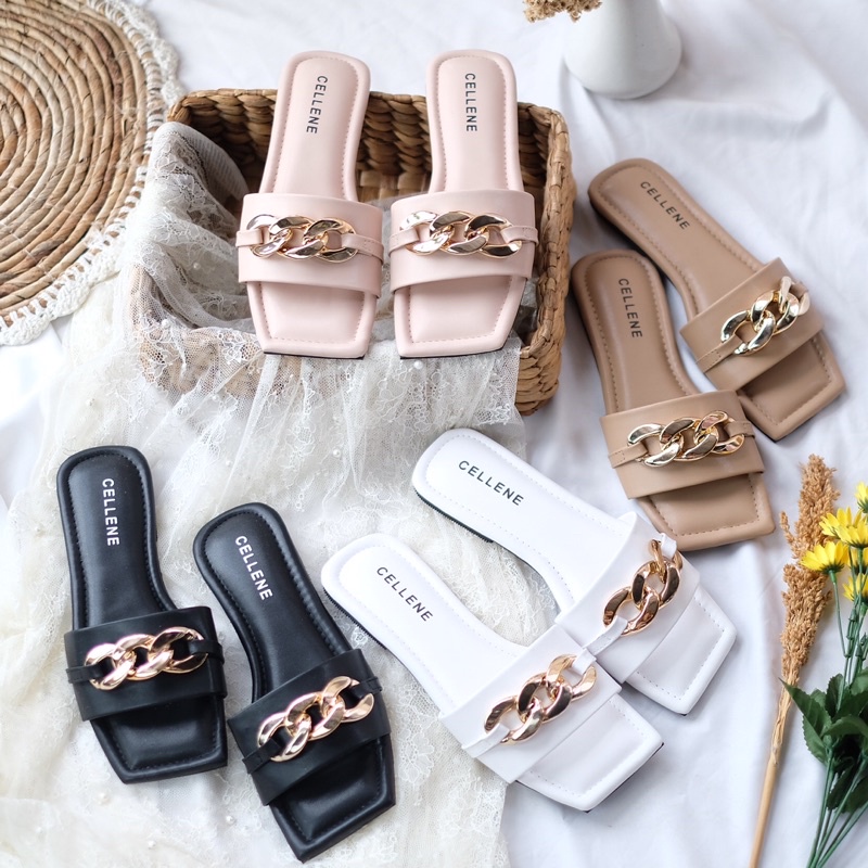 𝗖𝗘𝗟𝗟𝗘𝗡𝗘 Bichain Flat Sandal / sandal teplek wanita acc rantai gold full busa