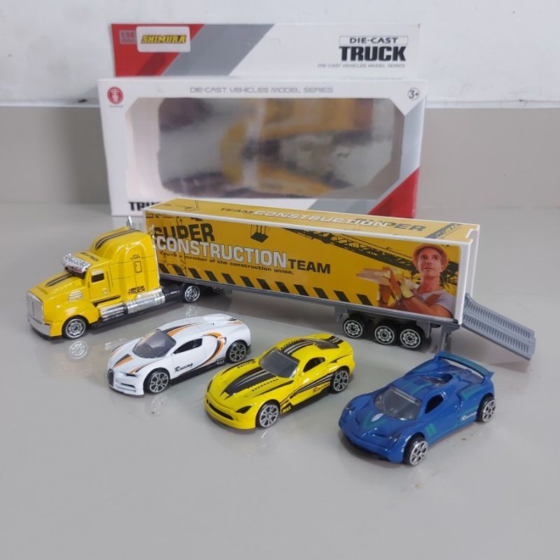 Diecast Set Truck Trailer Anak - Miniatur Mobil Hauler Angkut Sedan