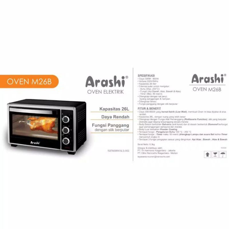 Oven Listrik Low Watt 300 - 600 Watt 26 Liter M26B Arashi