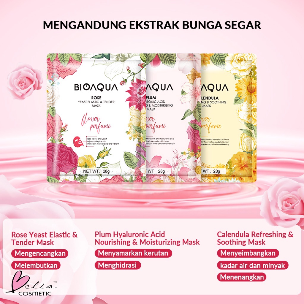 ❤ BELIA ❤ BIOAQUA Sheet Mask Masker Wajah Flowers Series (28g/pcs) Hydrating Essence Face Mask Brightening dan Anti Acne | BPOM