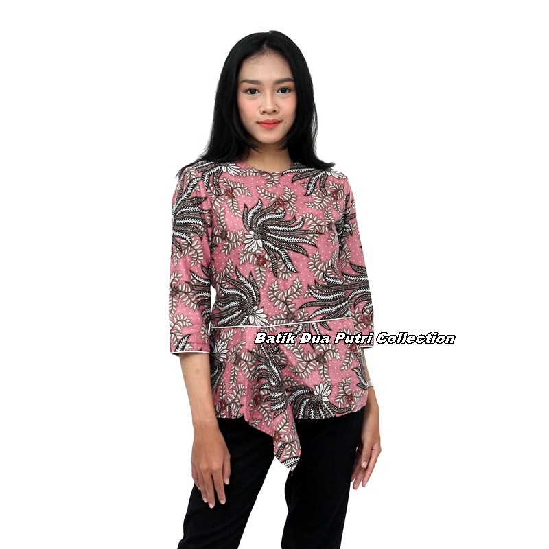 Batik Wanita Atasan Blouse Modern Warna Pink Model Peplem