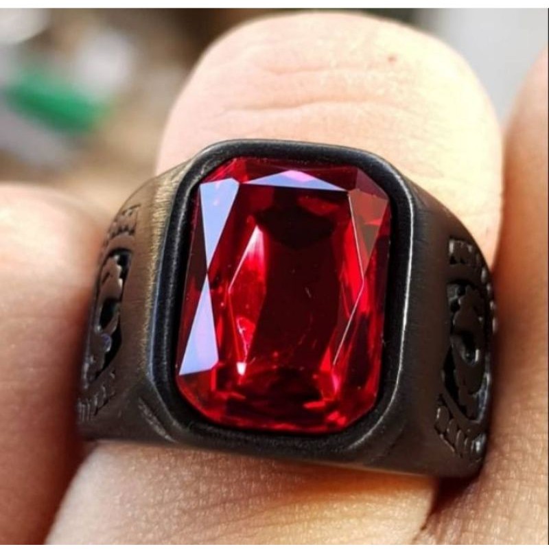 CINCIN BATU PERMATA  RED RUBY OCTAGON RING HITAM