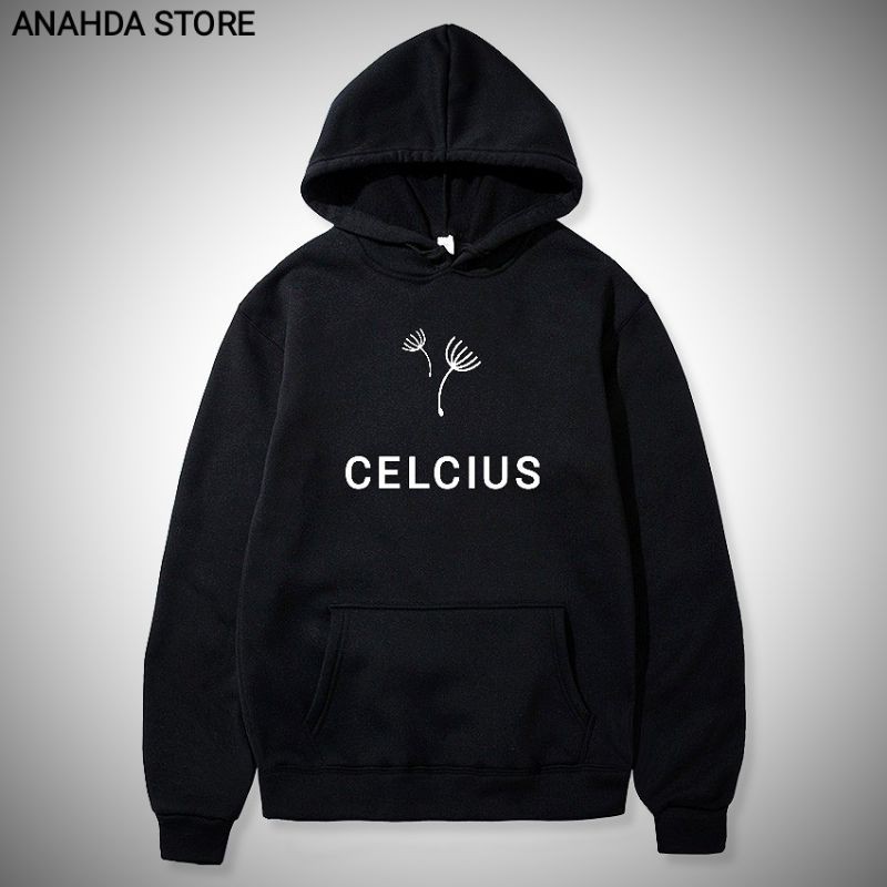 celcius hoodie hitam sweater c114mc sablon putih simpel menarik ready