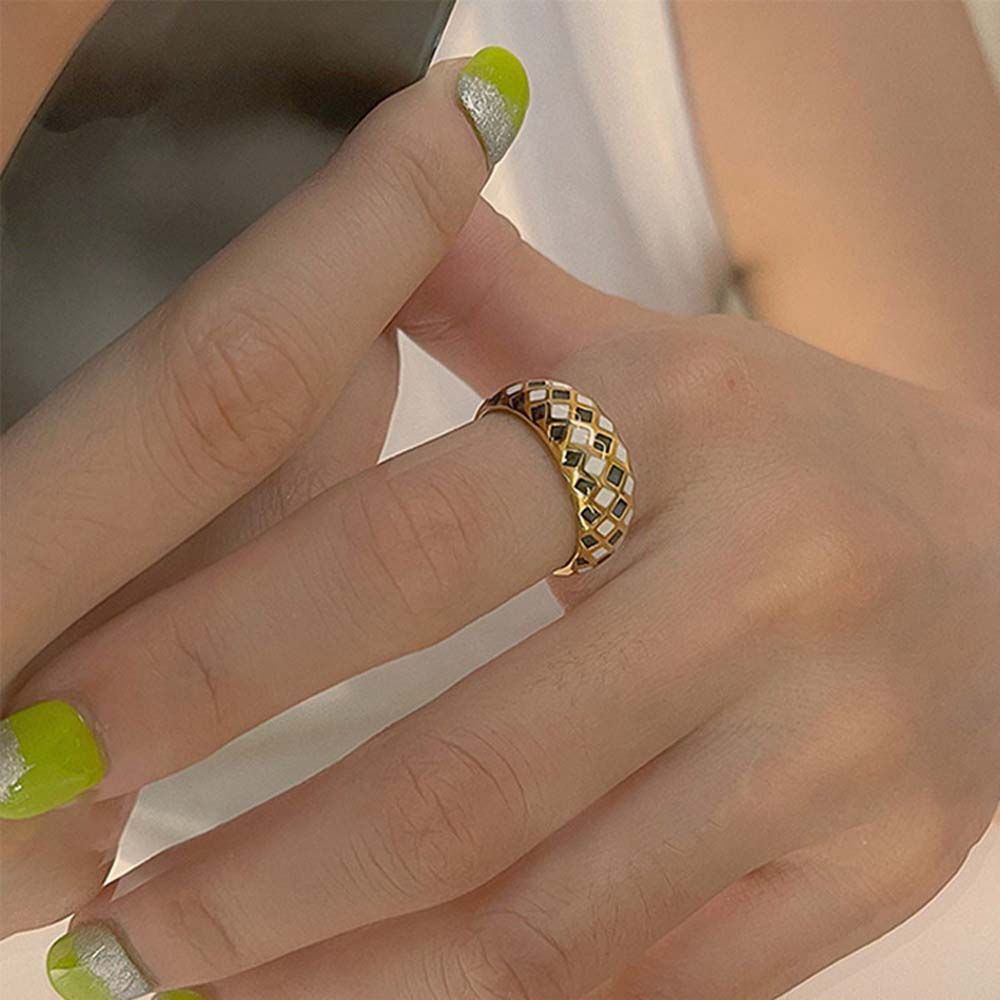 Needway  Women Girls Checkerboard Grid Rings Romantic Open Rings Metal Rings Dripping Oil Gold Color Black White Grid Geometric Adjustable Vintage Korean Style