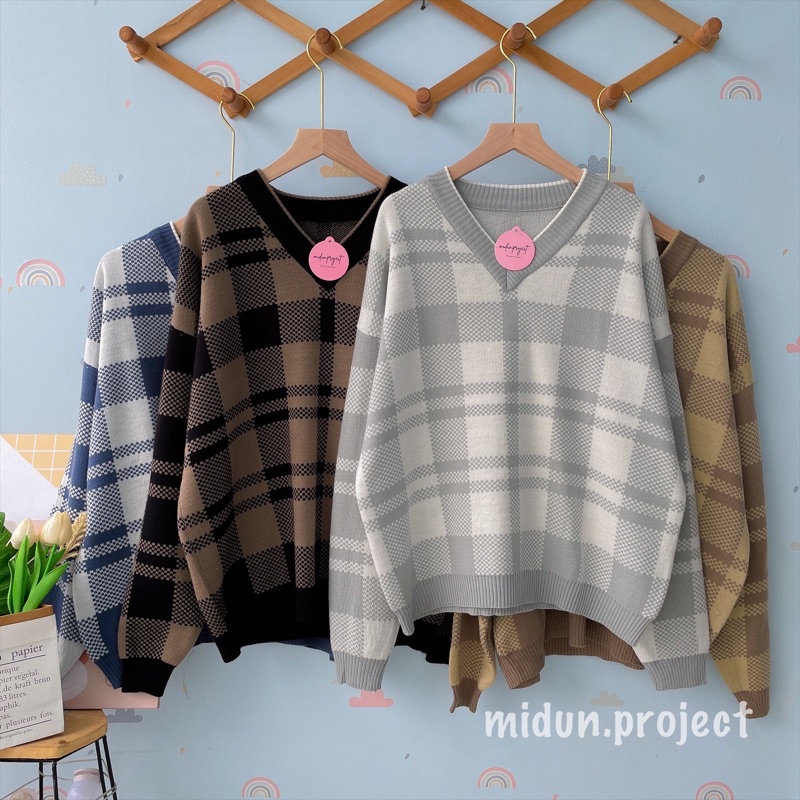 KAYRA KNIT | SWEATER RAJUT MOTIF SQUARE OVERSIZE | KNITWEAR PREMIUM TEBAL LEMBUT | BLOUSE V NECK