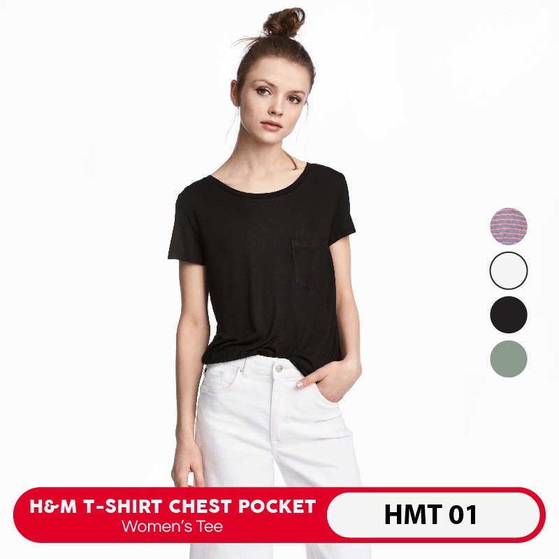 Kaos Wanita H&M Tersedia 4 Warna - Chest Pocket Kaos Hnm Perempuan / Hnm Chest Pocket Tee
