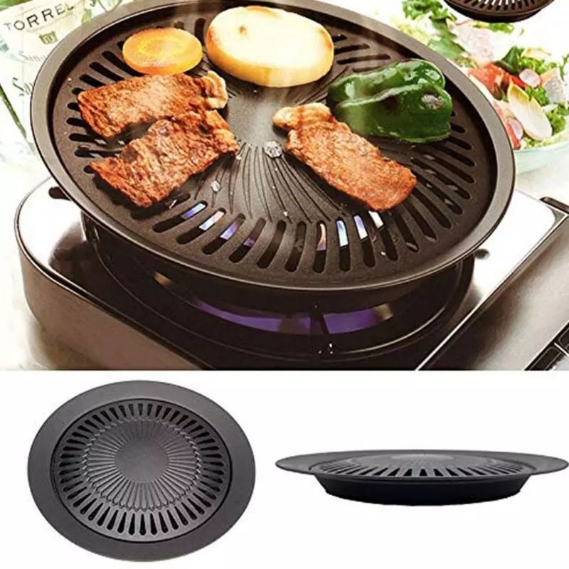 Smokless Grill Tempat Pemanggang Daging BBQ Grill Pan / Piring Panggang / Alat Pemanggang BBQ