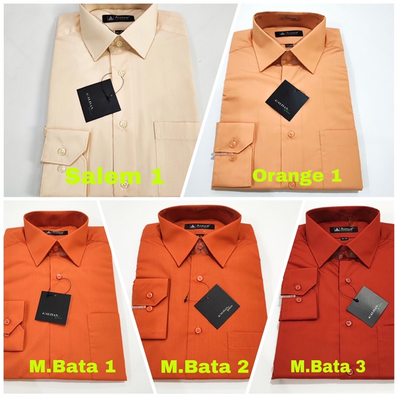 Kemeja Alisan Lengan Panjang Pria Polos Warna Salem, Orange, Merah Bata