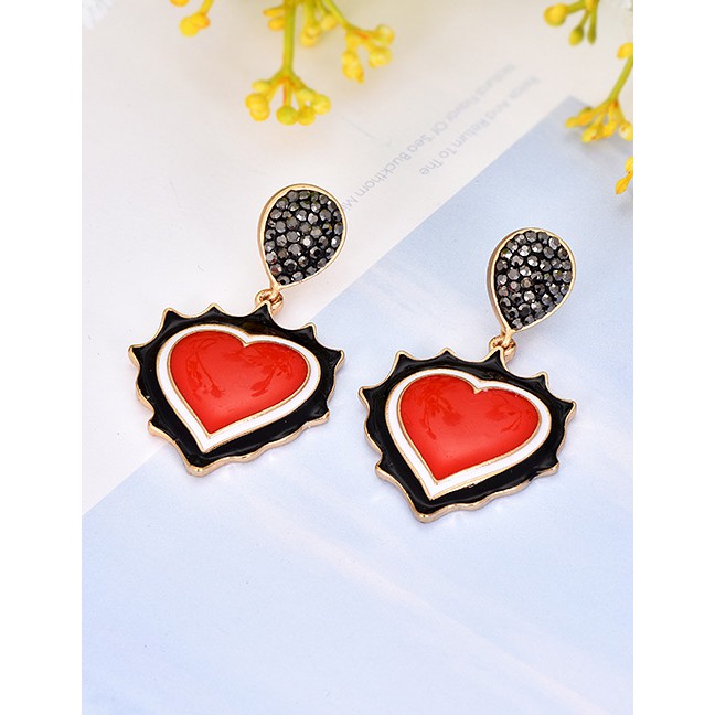 LRC Anting Tusuk Fashion Red Alloy Diamond Flower Love Earrings F46781