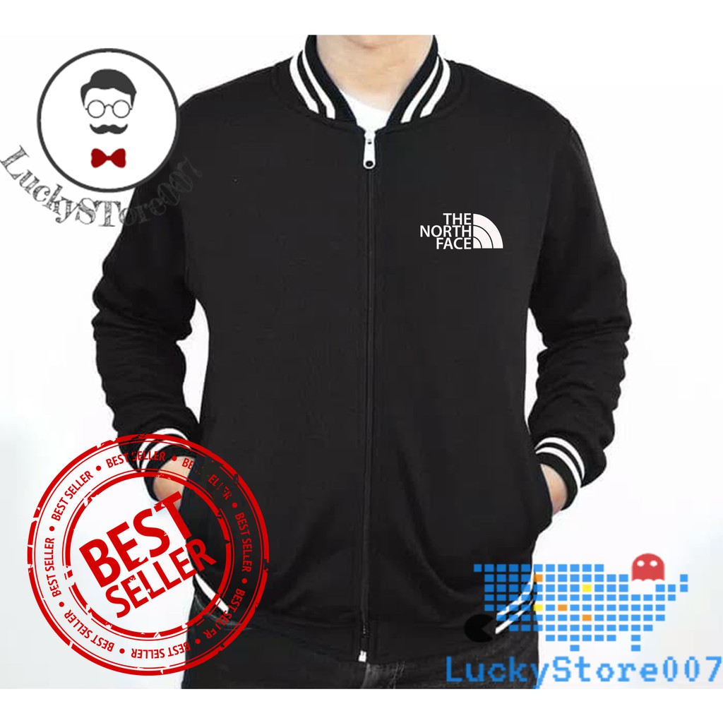 Jaket Varsity Zipper Fleece Pria Wanita Keren Premium High Quality TNF Logo Teks Putih