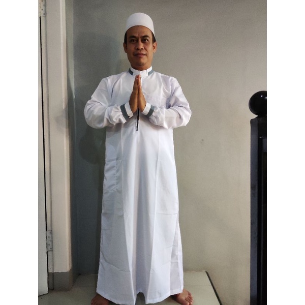 jubah pria manset- koko jubah pria muslim,jubah pria dewasa, gamis pria dewasa-fashion muslim-baju koko lengan panjang-jubah termurah-jubah alharomain-baju jubah muslim-Putih