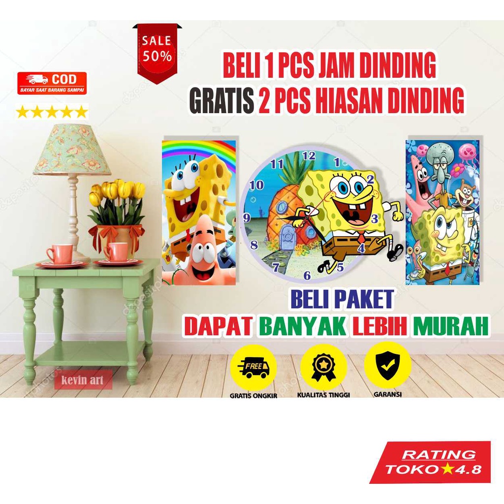 Dekorasi kamar aestetik jam dinding tempel tembok karakter spongebob gratis hiasan dinding