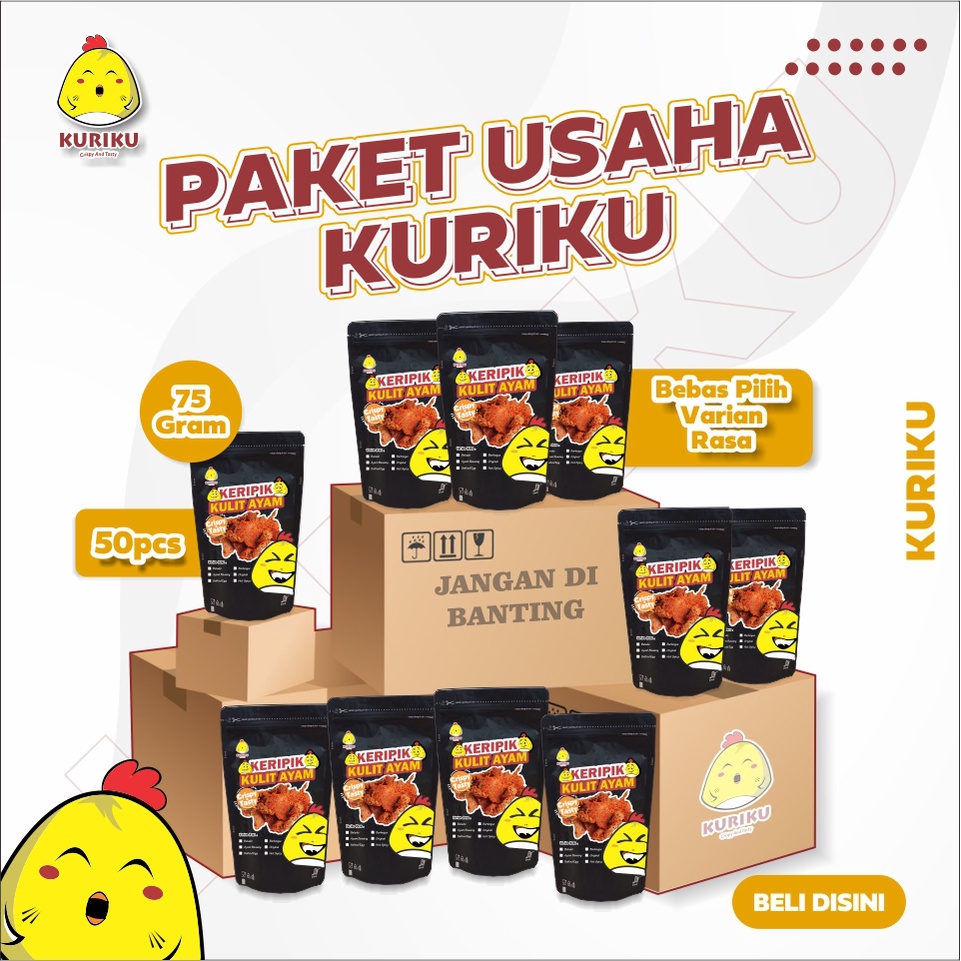 

PAKET USAHA Keripik Kulit Ayam Crispy Kuriku 50 pcs | 75gr