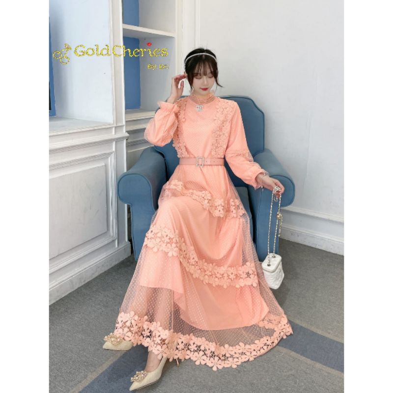 Gamis Import Maxi Dress Gold Cheries Tulle Cannell (FCODI687)