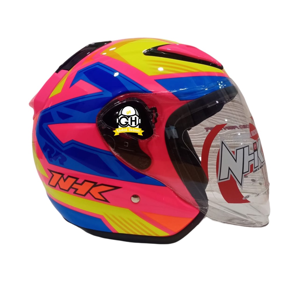 HELM NHK R6 MOTIF STARCO PINK FLO YELLOW BLUE HALF FACE NHK R6 MOTIF