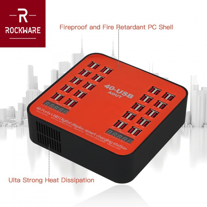 ROCKWARE WLX-840 - USB Wall Smart Charging Station 40 Port 200W 30A