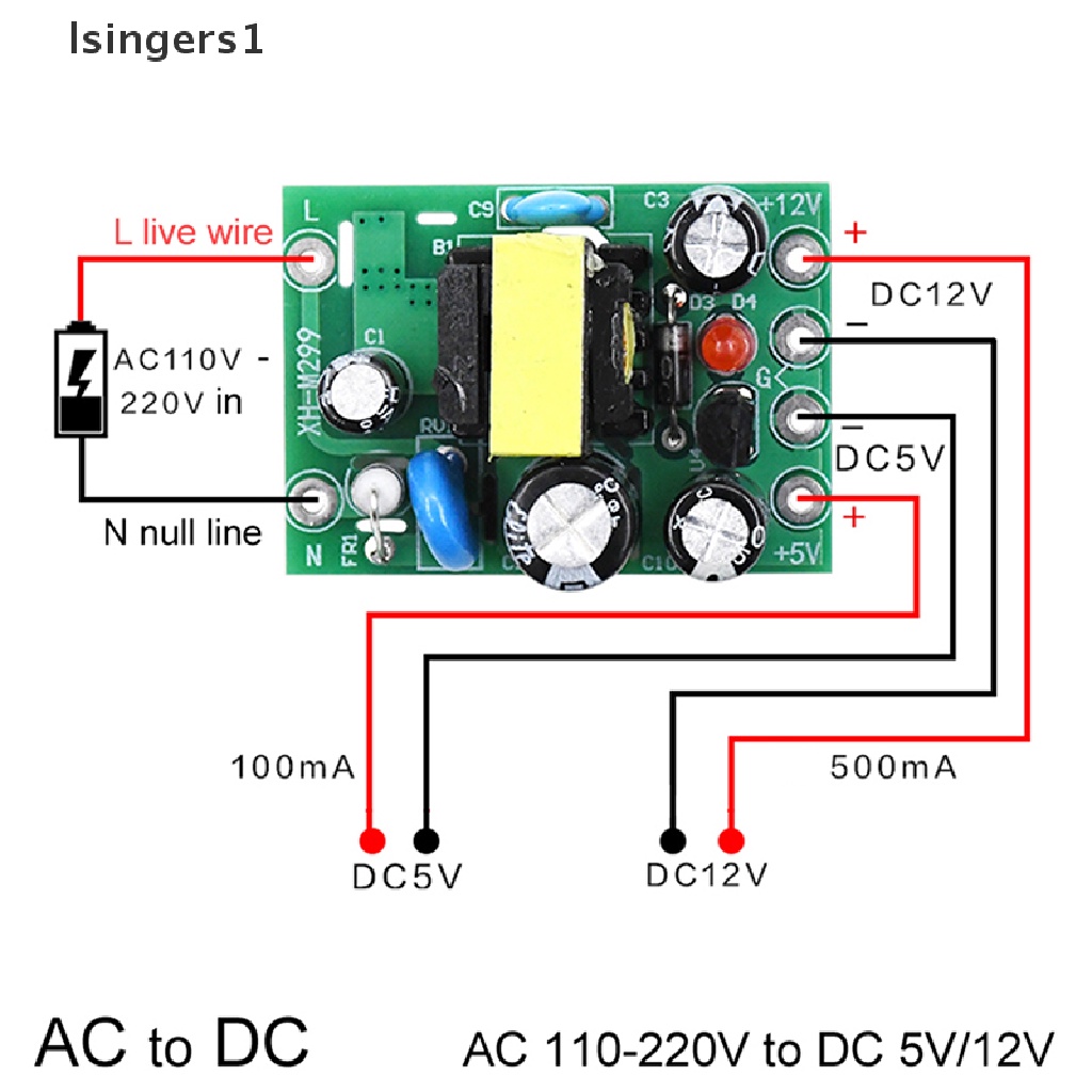 (lsingers1) Papan Modul Konverter AC110V 220V Ke DC 12V 0.2A + 5V