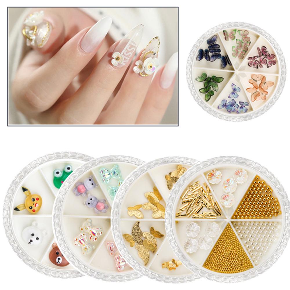 Mxbeauty 6 Grid / Kotak Manik-Manik Resin Motif Kartun Beruang / Kelinci / Bebek / Pikachu / Kupu-Kupu / Bunga Untuk Dekorasi Nail Art Butterfly