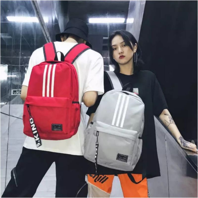 Tas Sekolah Ransel Pria Nilon Trendy SD SMP SMA Garis Tiga