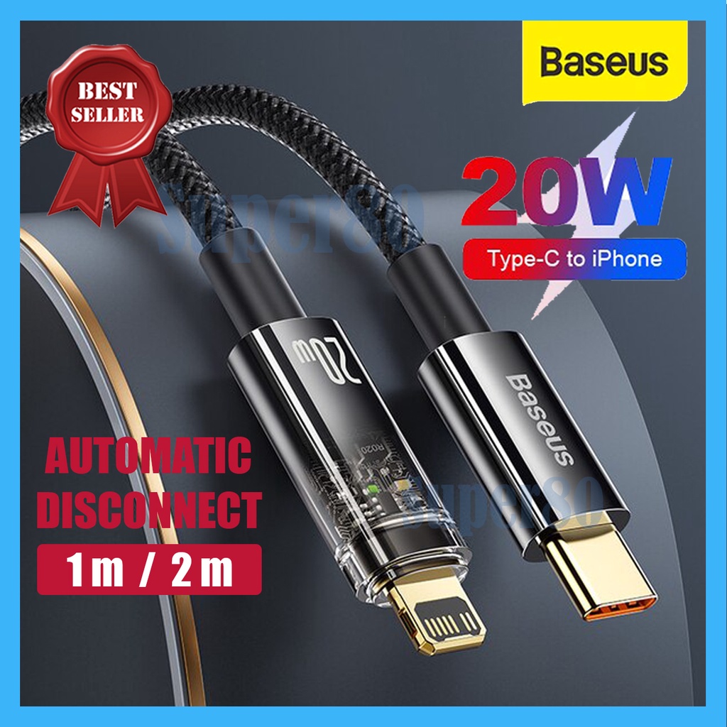 Baseus Explorer Auto Power Off Type C to Lightning iPhone Cable PD 20W Kabel Data Charger Fast Charging Automatic Disconnect Cable 1m 2m