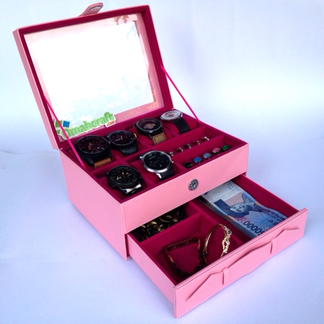 LARGE SIZE - Kotak Jam Tangan isi 6 Mix Perhiasan / Jewelry Box and Accesories Warna PINK SOFT