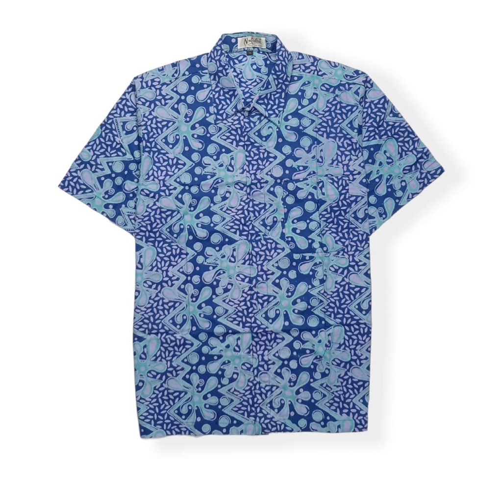 Kemeja Batik Pria Lengan Pendek Cap Biru Tua Muda