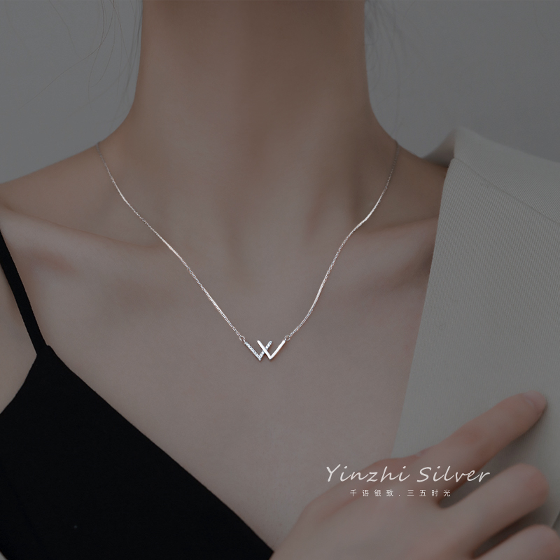 W Letter Necklace Female Silver Simple Bracelet Earrings Ins Korean Version of Clavicle Chain Jewelry