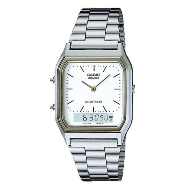 JAM TANGAN CASIO AQ 230GA 7D PRIA WANITA SILVER WHITE DUAL TIME ORI MURAH