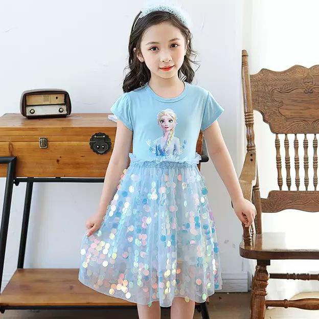 DRESS ELSA ANNA FROZEN KAOS SEQUIN IMPORT - BIRU MUDA, 150