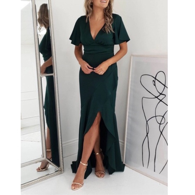 JESSICA DRESS - Gaun pesta wanita longdress v neck slit maxi dress big size jumbo ukuran besar bodyc