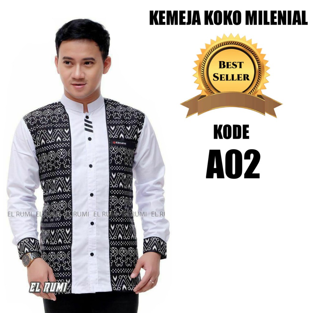 Baju Koko Kombinasi Batik Original Elrumi Motif Suku Dayak Terkini Toyobo Premium Berkualitas-3