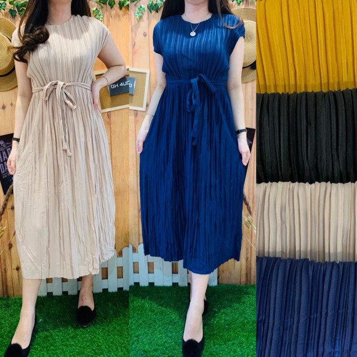 MIDI DRESS PLAIN PLISKET SIZE JUMBO IMPORT - GHAUDENS - Hitam(O7F7) GROSIR dress kerah termurah jumb