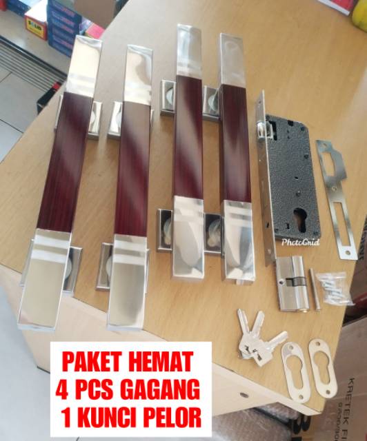 Promo Paket komplit kunci pintu kupu2/double 4 gagang pintu + body pelor pintu dua kupu kupu 1 set kunci pelor+4pcs ph 33 cm bhn stanlis,kunci pintu