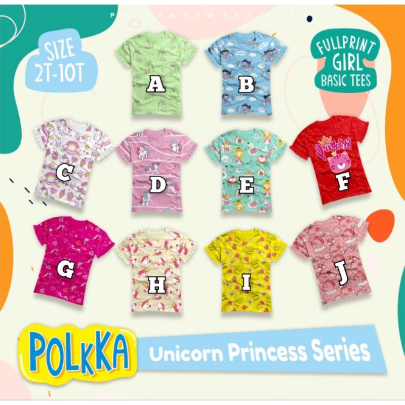 Polkka fullprint Girl size 2-10T / Kaos Anak Unicorn Princess