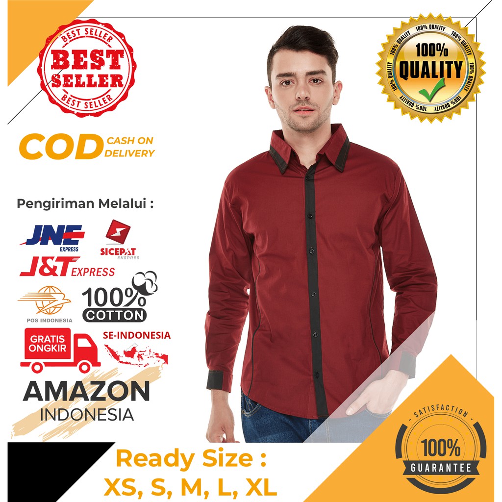 HEM KEMEJA COWOK PRIA WARNA MAROON MERAH KATUN STRETCH 100% KOMBINASI BORDIR LENGAN PANJANG PREMIUM