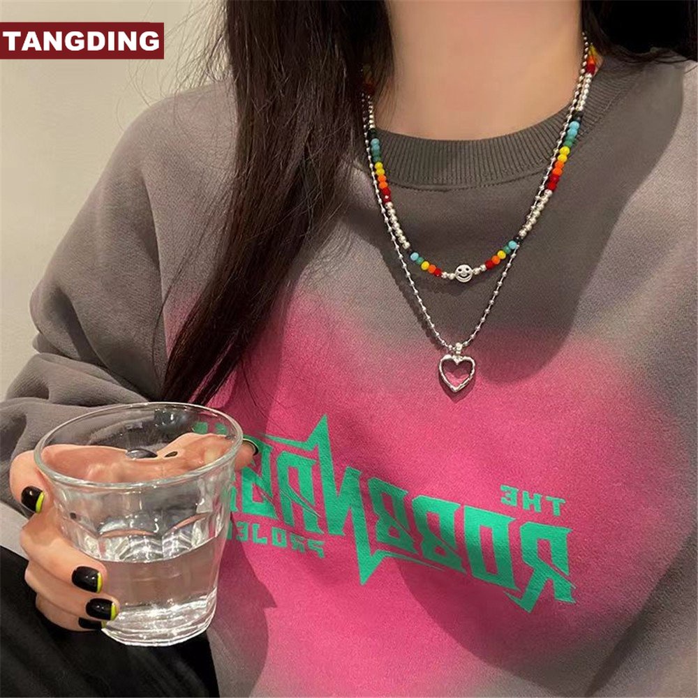 【COD Tangding】2pcs Kalung Choker Klavikula Hias Liontin Manik-Manik Hati Smiley Face Gaya Korea Untuk Perempuan