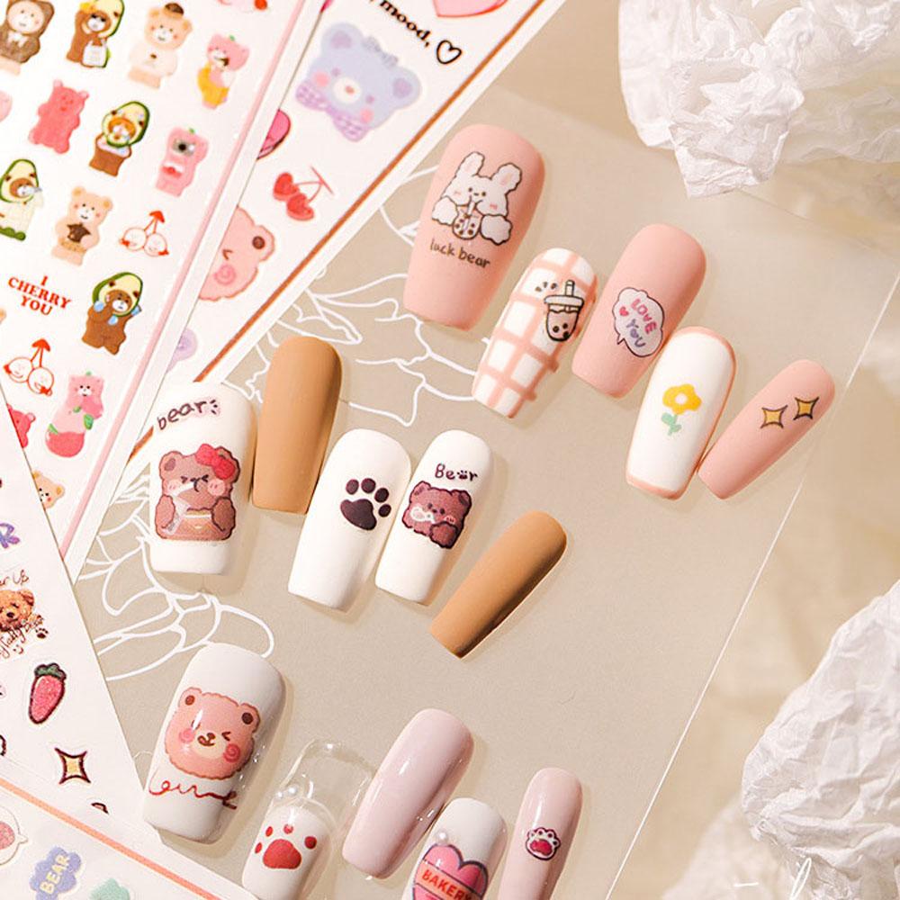 Needway Seri Beruang Stiker Kuku Beberapa Warna Decals Self Adhesive DIY Nail Art Dekorasi