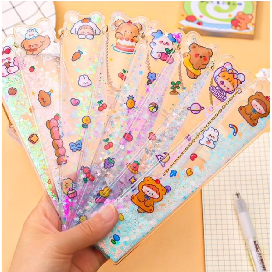 PENGGARIS PLASTIK LENTUR GLITTER RANTAI GANTUNGAN KARAKTER LUCU / PENGGARIS QUICKSAND MOTIF LASER 15 CM / PEMBATAS BUKU LENTUR BLINK BLINK GANTUNGAN LUCU / CUTE RULER BOOKMARK